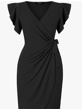 NWT Size M Oten Black Deep V Neck Ruffle Sleeve Wrap Dress